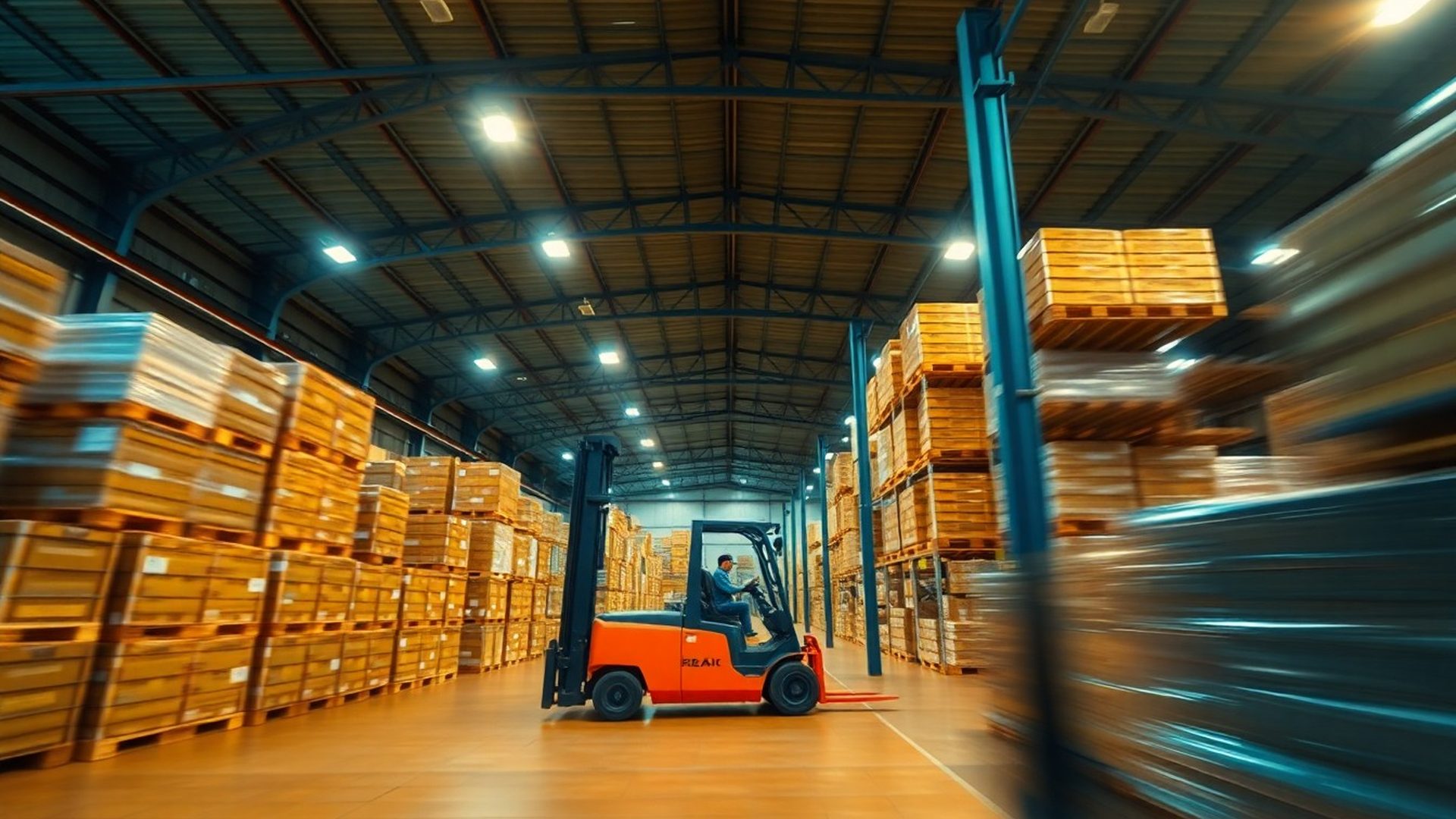 Interior de un gran almacén logístico en Barcelona con palés alineados bajo luces frías