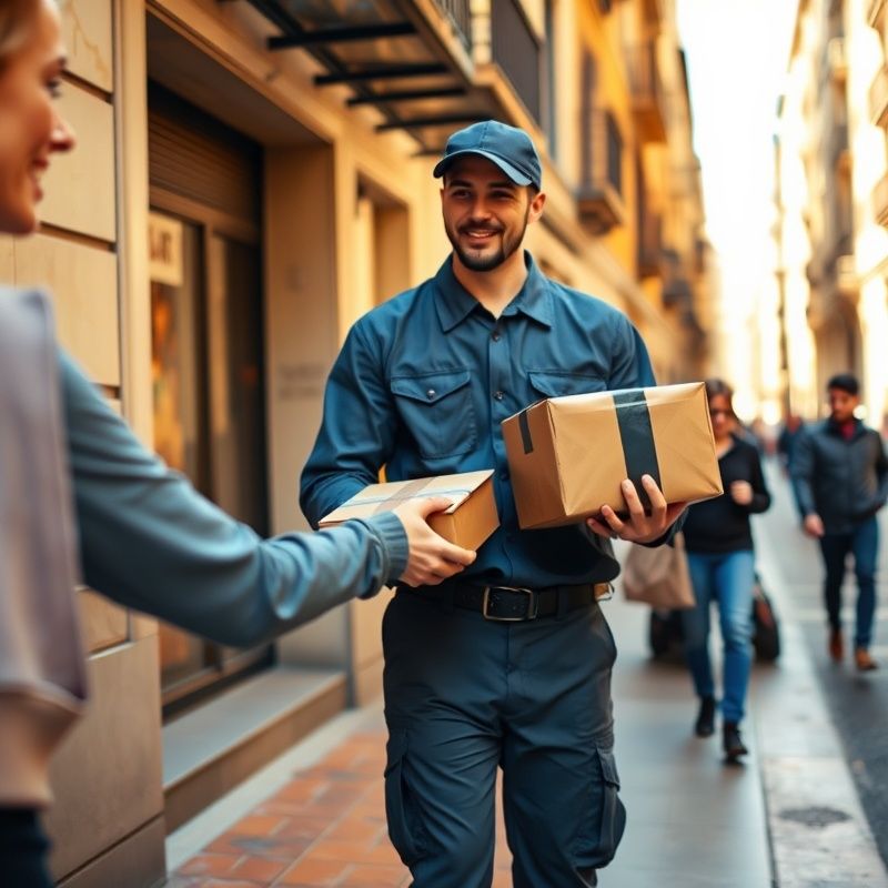 Repartidor de Echocpanda entregando un paquete a un cliente en una calle de Barcelona